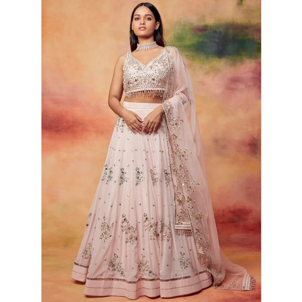 Lashkaraa Peachy Pink Embroidered Georgette Lehenga